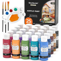 Shuttle Art Acrylic Paint Set, 25 Vintage Acrylic Colours in Bottles (60 ml each) with 3 Brush Set, Acrylic Paint Waterproof for Artists, Beginners, Children and Adults on Canvas, Stones, Wood