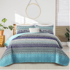 WONGS BEDDING Bedspread 200 x 220 cm Bed Throw Boho Blanket Quilt 3-Piece Double Bed Quilted Duvet Microfibre Blanket with 2 Pillowcases 50 x 75 cm for Bedroom as Sofa Throw (Blue)