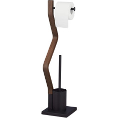 Relaxdays Standing Toilet Set Wood and Steel Toilet Roll Holder with Brush, 1 Piece, Black/Brown