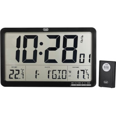 Trevi OM 3560 RC Digital Wall Clock with Easy-to-Read LCD Display, Alarm Clock with Programmable Ringtone, Calendar, Thermometer, Radio-Controlled with External Sensor, Black