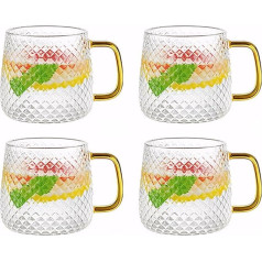 YBCPACK Glass Tea Cups with Handles, Set of 4, 320ml Clear Glass Coffee Cups for Hot and Iced Drinks Tea Water Latte Coffee Juice