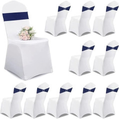 ISWEES Spandex Stretch Chair Sashes, 10 White Chair Covers + 10 Bows with Buckle, White Chair Covers, Wedding Chair Cover, Universal Dining Chair Protective Covers for Wedding and Party (Blue)
