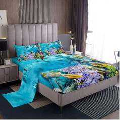Underwate Bed Sheet Set, Double Bed Size Boys Girls Sea Animal Bedding Set, Sea Creatures Decorative Fish Bedding Set for Men Adults Swimming Animals Fish Fitted Sheet Natural 4 Pieces with 2 Pillows covers