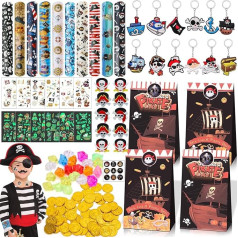 Tacobear Pack of 192 Pirate Children's Birthday Party Bags Boy Guest Gift with Gold Coins Key Chain Gift Bags Luminous Tattoo Sticker Snap Bracelet Give Aways for Children