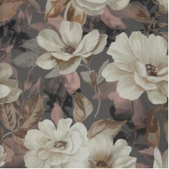 Kt KILOtela Decorative Fabric Half Panama, Digital Print, Organic Cotton, Lightweight Covers, Cushions, Tablecloths, Curtains, Curtains, 100 cm Length x 280 cm Width, Flowers Gardenia, Grey, Ecru