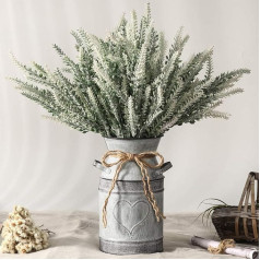 LESING Artificial Lavender Flowers with Vase, Artificial Lavender Plants in Decorative Metal Vase, Rustic Vintage Flowers for Home Farmhouse Decoration (Heart, White)