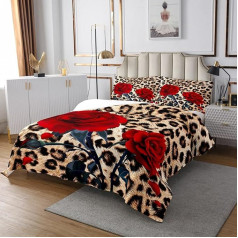 Homewish Rose Flower Quilted Coverlet 240 x 260, Leopard Print Coverlet Set for Children Girls Women, Red Floral Petal Branches Duvet Camouflage Animal Skin Set with 2 Pillow Cases