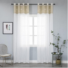 Pair of White Semi Sheer Striped Top Hem Curtains in Beige with Embroidery Floral Blend Shabby Chic Bedroom 2 Eyelet Curtains (Beige, 140 x 280 cm)