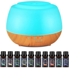 500 ml Aroma Diffuser for Essential Oils, Contains 10 Essential Oils, 23 dB Silent Fragrance Oil Diffuser with 7 Colour Lights, BPA-Free, 4 Timers, Automatic Shut-Off
