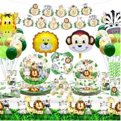 LSJDEER Jungle Safari Party Supplies Set - Includes Banners, Plates, Tablecloths, Napkins, Straws, Balloon Cups, Baby Shower Cake Topper with Zoo Animals, Wild - For 20 People