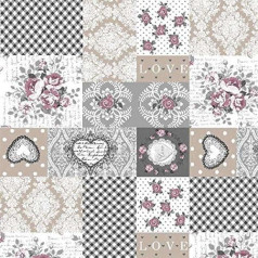 Kt KILOtela - Digitally printed linen fabric, 300 cm long, 280 cm wide, chequered with hearts and roses, grey