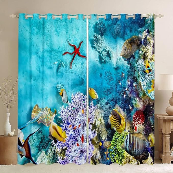 Ocean Fish Curtains for Boys and Girls, Cute Animal Window Curtain for Teens Home Sea Animals Curtain with Kawaii Animal Window Treatments Sea Life Window Curtains W66 x L72