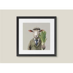 Designed By Lorna Watercolor Sheep with Leek Country Wall Art Print - Framed Picture or Unframed (12x12 Framed Picture)