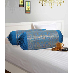 Stylo Culture Indian Polydupion Neck Pillow Cylindrical Tube Cushion Covers Blue Jacquard Brocade Border Elephant Large Couch Round Cylinder Cushion Covers (Set of 2) 30 x 15 Inches (76 x 38 cm)