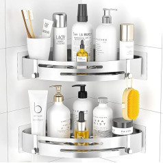 Pnnp Shower Shelf No Drilling Corners: Shower Shelf Stainless Steel Pack of 2 Shower Basket Self-Adhesive with 4 Hooks Bathroom Shelf for Shower Storage Shampoo and Shower Gel (Silver)
