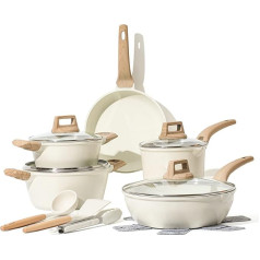 Carote Pan Set 14 Pieces 24 cm Pan Saucepan Deep Frying Pan 28 cm Non-Stick Coating with Lid, Pan Protector, Spatula, Cooking Spoon, Kitchen Tongs, Induction Pan