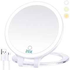B Beauty Planet Cosmetic Mirror with Lighting 20x, Double-Sided 1x/20x Compact Mirror, with Adjustable Folding Handle, Cosmetic Mirror with Magnification, Rechargeable, 3 Colour Lights