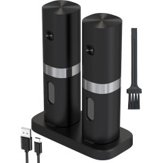 Iraxpro Electric Salt and Pepper Mill Set of 2 with Rechargeable Base, LED Light, Cleaning Brush, Ceramic Grinding Core, Adjustable Grinding Coarseness, Salt and Pepper Mill for BBQ, Kitchen,