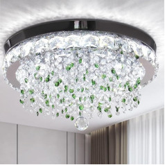 Finktonglan 18 Inch Crystal Chandelier Ceiling, Modern Chandelier with Green Crystals, Luminous LED Crystal Ceiling, Lightweight Semi-Flush Chandelier for Bedroom, Living Room, 6500 K, White