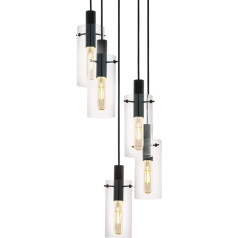 EGLO Montefino Pendant Light, 5-Bulb Pendant Light, Metal Pendant Light in Black and Clear Glass, Dining Table Lamp, Living Room Lamp, Hanging with E27 Socket