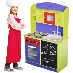 BAKAJI Wooden Kitchen Toy for Children with Door and Drawers, Plastic Sink, 4 Ovens for Opening and Microwaves, Magnetic Locks, 60 x 30 x 90 cm (Multi-Colour)