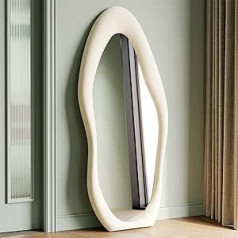 Asymmetrical Mirror, Large Standing Mirror, Full Length Wall Mirror, Full Length Mirror, Mirror with Flannel Wrapped Wooden Frame, Hanging or Tilting, White, 160 x 60 cm