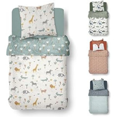 Familando Children's Bed Linen Set Blue White 135 x 200 cm 80 x 80 cm Safari Zoo Animals 100% Cotton Renforcé Quality with Zip