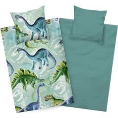 Aminata kids Dinosaur Bed Linen 135 x 200 cm Boys Microfibre Children's Reversible Bedding Set YKK Zip - Non-Iron - Dinosaur Motif Green