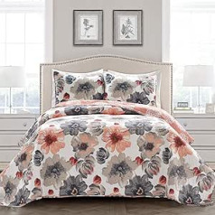 Lush Decor LEAH Floral Reversible Quilt Quilt Double Coral and Grey