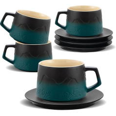 Cappuccino Cups with Saucers Set of 4, 200 ml Embossed Coffee Cups with Saucer for Latte Art, Hand-Painted Gradient Green Coffee Mugs Made of Stoneware Cups Gifts for Coffee Lovers, Tea