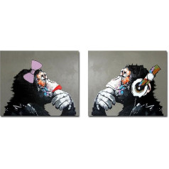 Fokenzary handgemaltes Ölgemälde auf Leinwand Pop Art Gorilla-Pärchen beim Musikhören Wanddekoration gerahmt fertig zum Aufhängen canvas 20x24inx2pcs