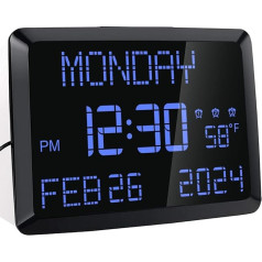 ROCAM Digital Wall Clock, 11.5 Inch Large Display, Calendar, Alarm Clock, Day Clock with Date and Week, Temperature, 2 USB Chargers, 3 Alarms, 12/24H for Office, Living Room, Bedroom, Elderly