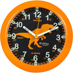 Kiddus Children's Wall Clock Analogue Time Teacher with Time Learning Exercises. Silent Clock. Many Languages. FRANÇAIS DINO