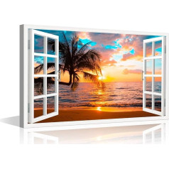 TISHIRON 3D Window Effect Coconut Trees Beach Sunset Canvas Wall Art Painting for Bedroom Living Room Modern Framed Artworks Decorative Bathroom Kitchen Home Decor 16x24 Inch
