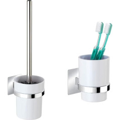 WENKO Turbo-Loc® Quadro Toilet Brush Holder, 9.5 x 35.5 x 12 cm, Chrome & Turbo-Loc® Quadro Toothbrush Holder for Toothbrush and Toothpaste, 7 x 10 x 9.5 cm, Chrome