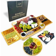 Bamboo Cheese Board and Knife Set Ceramic Bowls Wine Opener - 100% Organic Wood Serving Tray Charcuterie Board Perfect Choice for Gourmets, Women and Moms, Extra Large