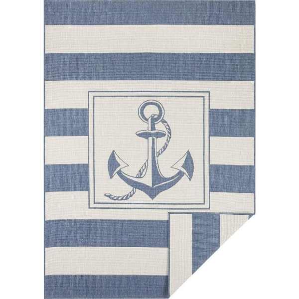 NORTHRUGS Gandara Indoor and Outdoor Rug 80 x 150 cm - Reversible Rug Weatherproof Modern Design with Anchor Motif Runner for Balcony Patio Garden Conservatory Living Room Rug Waterproof in Blue Cream
