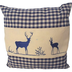 Pine Cushion Blue Checked with Stag Embroidery Filled with Pine Flakes Made from 100% Alpine Pine Wood in Extra Ticking Size 40 x 40 cm