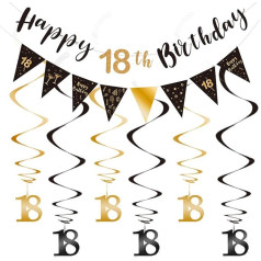 SZHUIHER 18th Birthday Decoration Kit, Happy 18th Birthday Banner Bunting Swirls Streamers, Triangle Flag Banner for Birthday Party Decorations Supplies Black and Gold 18