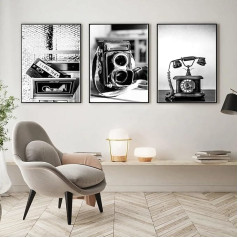 Trayosin Set of 3 Poster Set, Wall Decoration Living Room & Bedroom, Black White Pictures, Decorative Vintage Posters, Cameras, Telephones, Stylish Wall Pictures - Without Picture Frame (50 x 70 cm)