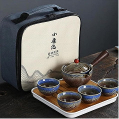 Scizorito Ceramic Portable Travel Tea Set, Chinese Kungfu Tea Set with 360 Rotation Teapot and Infuser, 4 Tea Cups, Tea Tray and Travel Bag (Bambus Weave Purple)
