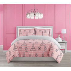 Juicy Couture - Juicy in Paris Bonjour Eiffel Tower Design Duvet Cover Queen Size 3 Piece Bedding Set Includes 1 Comforter and 2 Pillowcases 100% Polyester Reversible Pink Black and