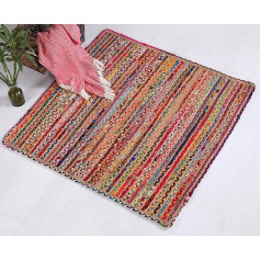 Mishran Eco-Friendly Medium Square Braided Flat Weave Rug with Natural Jute and Multicolor Recycled Material, 150cm x 150cm