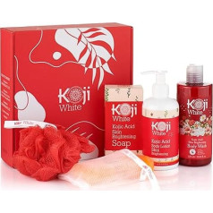 Gift Set for Women, Koji White Red Bath Sets - Kojic Acid Body Wash, Soap Bar and Body Lotion, Light Skin Tones, Vegan, SLS & Paraben Free (Pack of 3)