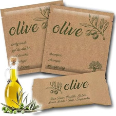 GPQ - Hotel Amenities Set | Olive Kit | Shower Gel + Shampoo + Soap Pack | 100 x 3 Products | Bulk Hotel Equipment | Paraben Free | Apartment, Mansion, Airbnb, Excursion, Guest House