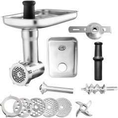 Kenny Professional Stainless Steel Meat Grinder with 4 Perforated Discs, Knife, Sausage Fillhorn & Biscuit Attachment Compatible with Kenwood Kax Connection