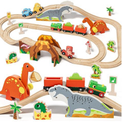 Lehoo Castle Dinosaur Wooden Railway Children, Train Toy Compatible with Thomas, Brio and Hape, Dinosaur Toy for Boys and Girls