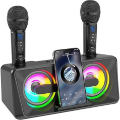 Karaoke Machine for Adults and Kids with 2 UHF Wireless Microphones, Portable Bluetooth Singing Speaker, PA System with Disco Lights, Cell Phone Holder for Home, Party, Picnic