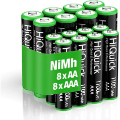 HiQuick Pack of 16 AA AAA Batteries Ni-MH de 1.2 V, 8 x AA Batteries 2800 mAh and 8 x AAA 1100 mAh Batteries