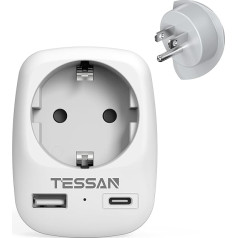 TESSAN USA Adapter Socket, 3 in 1 Travel Adapter USA with 1 USB C and 1 USB A, Adapter USA Germany Plug 1875W, EU to US Adapter, USA Socket Adapter for Thailand Canada, Travel Plug Type B